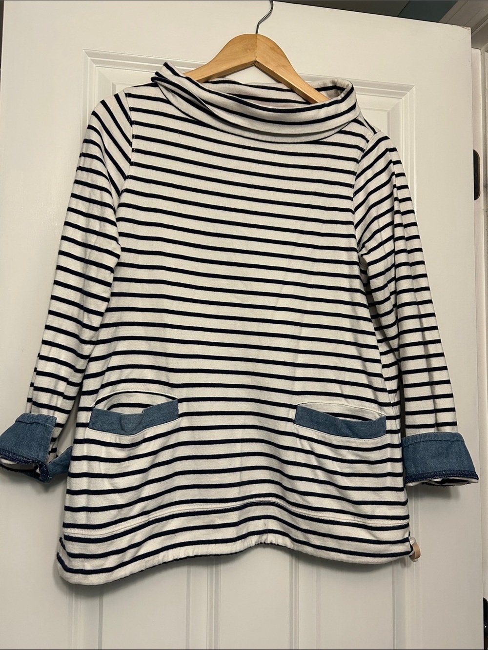 Joules White & Navy Striped Long-Sleeve Top with Denim Pocket Trim